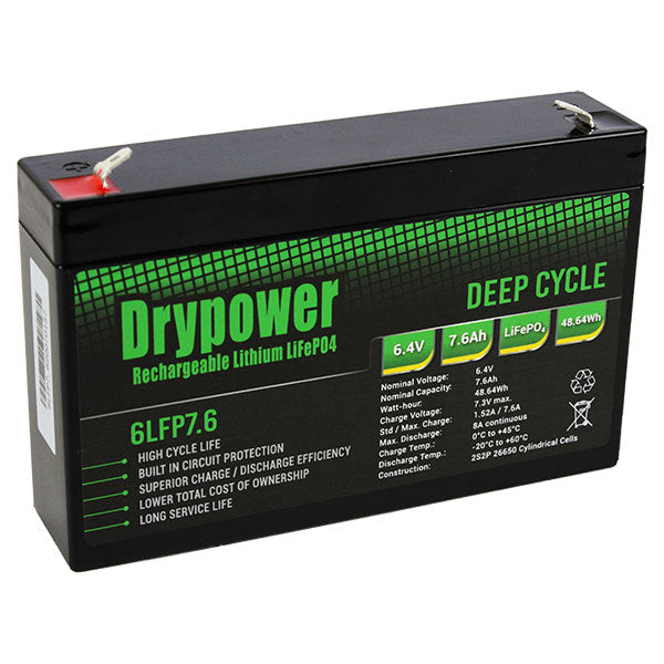 Drypower 6LFP7.6 LiFePO4 Battery 6.4V 7.6Ah Professional-Grade Power for Mobile & Outdoor Use, 48.6Wh, 400g