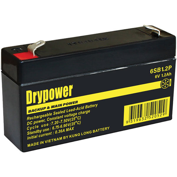 Drypower 6SB1.2P Professional 6V 1.2Ah SLA Battery for Backup & Cyclic Use - Compact, Maintenance-Free, 7.2Wh