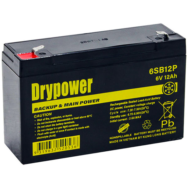 Drypower 6SB12P 6V 12Ah SLA Battery Maintenance-Free, Dual-Purpose for Backup & Cyclic Use, Emergency Lighting, UPS