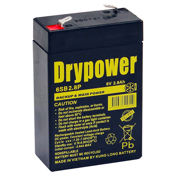 Drypower 6SB2.8P 6V 2.8Ah Sealed Lead Acid Battery Compact, Maintenance-Free Power for Emergency Lighting & Security Systems
