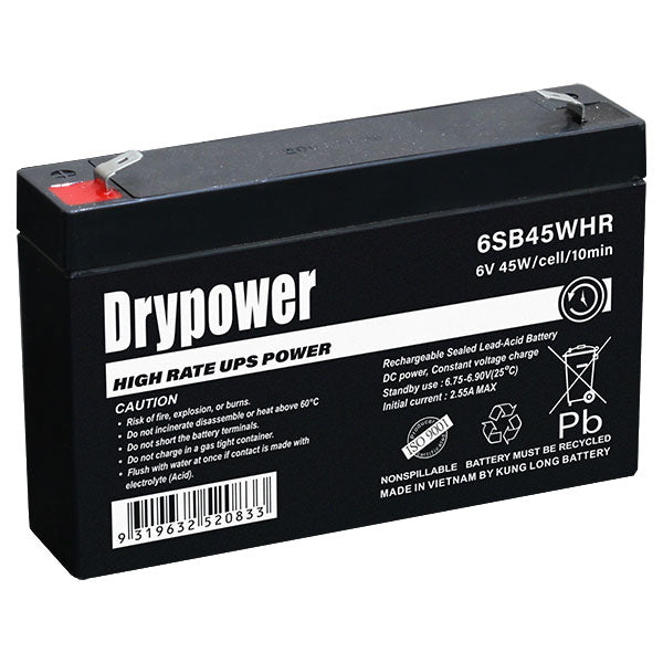 Drypower 6SB45WHR 6V 9Ah SLA Battery High-Rate UPS Backup Power, Zero-Maintenance, Compact Design for Critical Applications