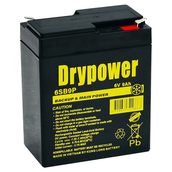 Drypower 6SB9P 6V 9Ah Sealed Lead Acid Battery Maintenance-Free, Compact Power for Emergency Lighting & UPS Backup (98.5x118mm)