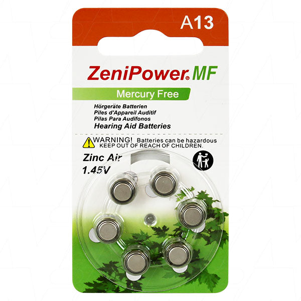 Zenipower A13-BP6 Zinc Air Hearing Aid Battery Long-Lasting 260mAh, 1.4V, Compact 7.8x5.25mm for Digital & Analog Devices