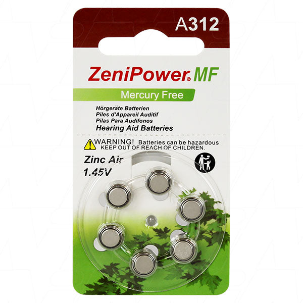 Zenipower A312-BP6 Hearing Aid Batteries | 140mAh Zinc Air | 1.4V | 7.8x3.45mm | Long-Lasting Power for Clear Sound