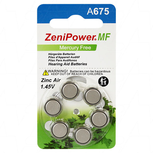 Zenipower A675-BP6 Premium Hearing Aid Batteries 600mAh Zinc Air, 1.4V, 6-Pack for Digital Devices, Long-Lasting Power