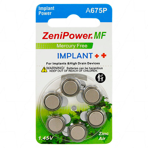 Zenipower A675P-BP6 Professional-Grade Zinc Air Hearing Aid Batteries - 520mAh, 1.4V, Mercury-Free, 6-Pack for Digital Devices
