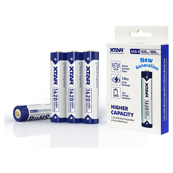 XTAR AAA-1620B4 Pro-Grade 1.5V Li-Ion Battery 1000mAh, 9g, Constant Output for High-Drain Devices