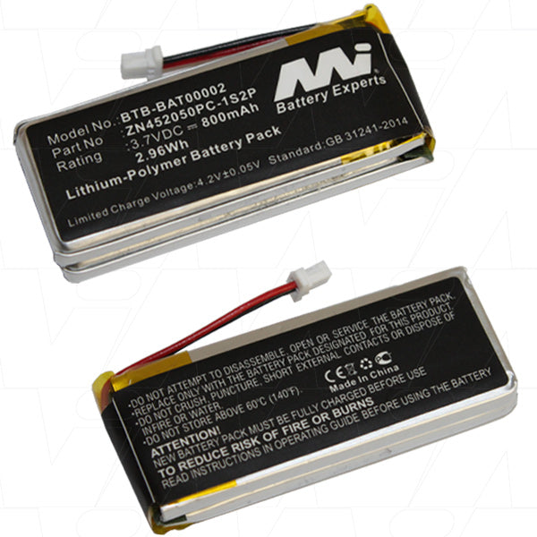 MI Battery Experts BTB-BAT00002-BP1 800mAh 3.7V LiPo Battery for Pro Wireless Audio Headsets & Comms Devices