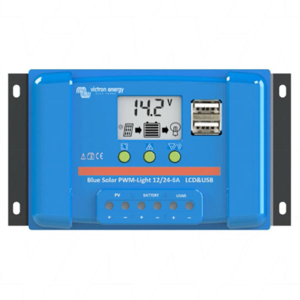 Victron Energy BlueSolar PWM-LCDUSB-5A Solar Charge Controller - 12/24V Auto-Detect, 5A Max, LCD Display, USB Port