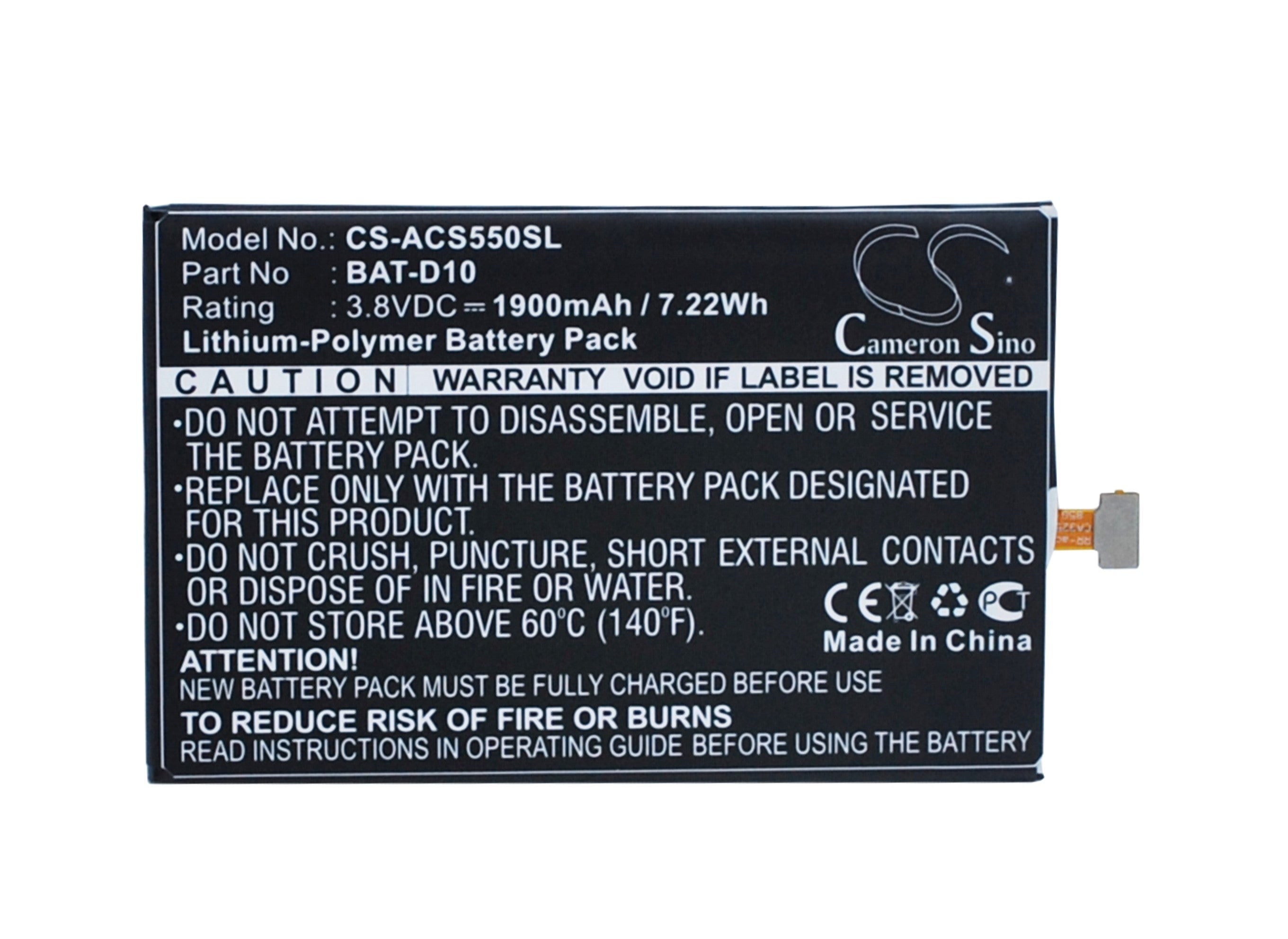 1900mAh Replacement Battery for Acer Liquid Jade S Z S56 S57 - BAT-D10, CA325685G - 3.8V Li-Polymer - Phone Battery
