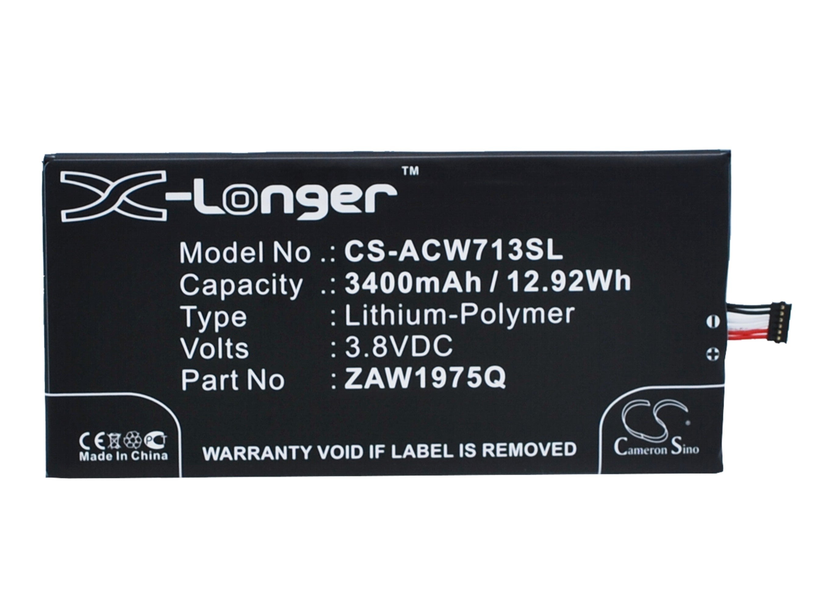 3400mAh Replacement Battery for Acer Iconia Tab 7 A1-713HD Tablet, 3.8V 12.92Wh Li-Polymer
