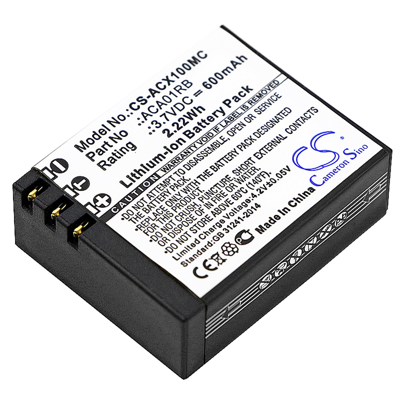 600mAh Replacement Battery for ACTIVEON CX, CX HD, CX Gold Action Camera - 3.7V Li-Polymer
