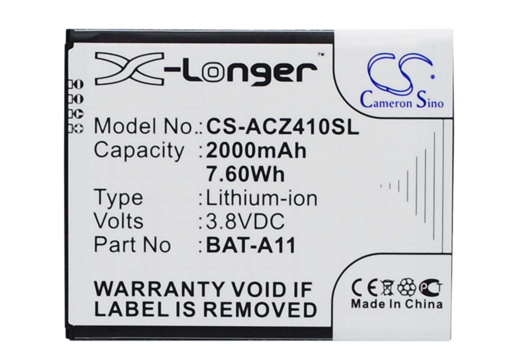 2000mAh Replacement Battery for Acer Liquid Z410, M330, Z330 Smartphones - 3.8V Li-ion
