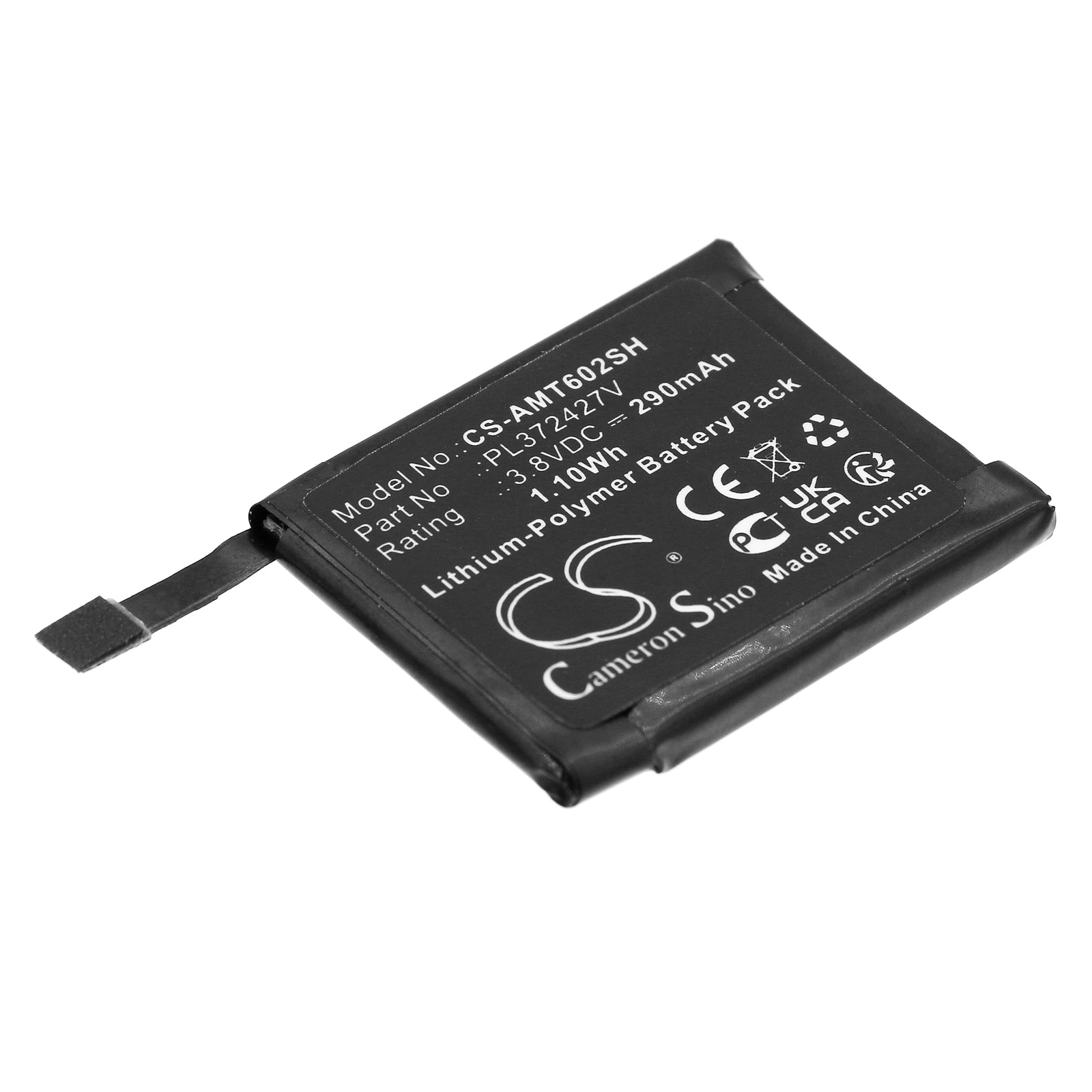 290mAh Replacement Battery for Amazfit Pace A1612/A1602 Smartwatch - 3.8V Li-Polymer - Size 28.6x23.7x3.7mm
