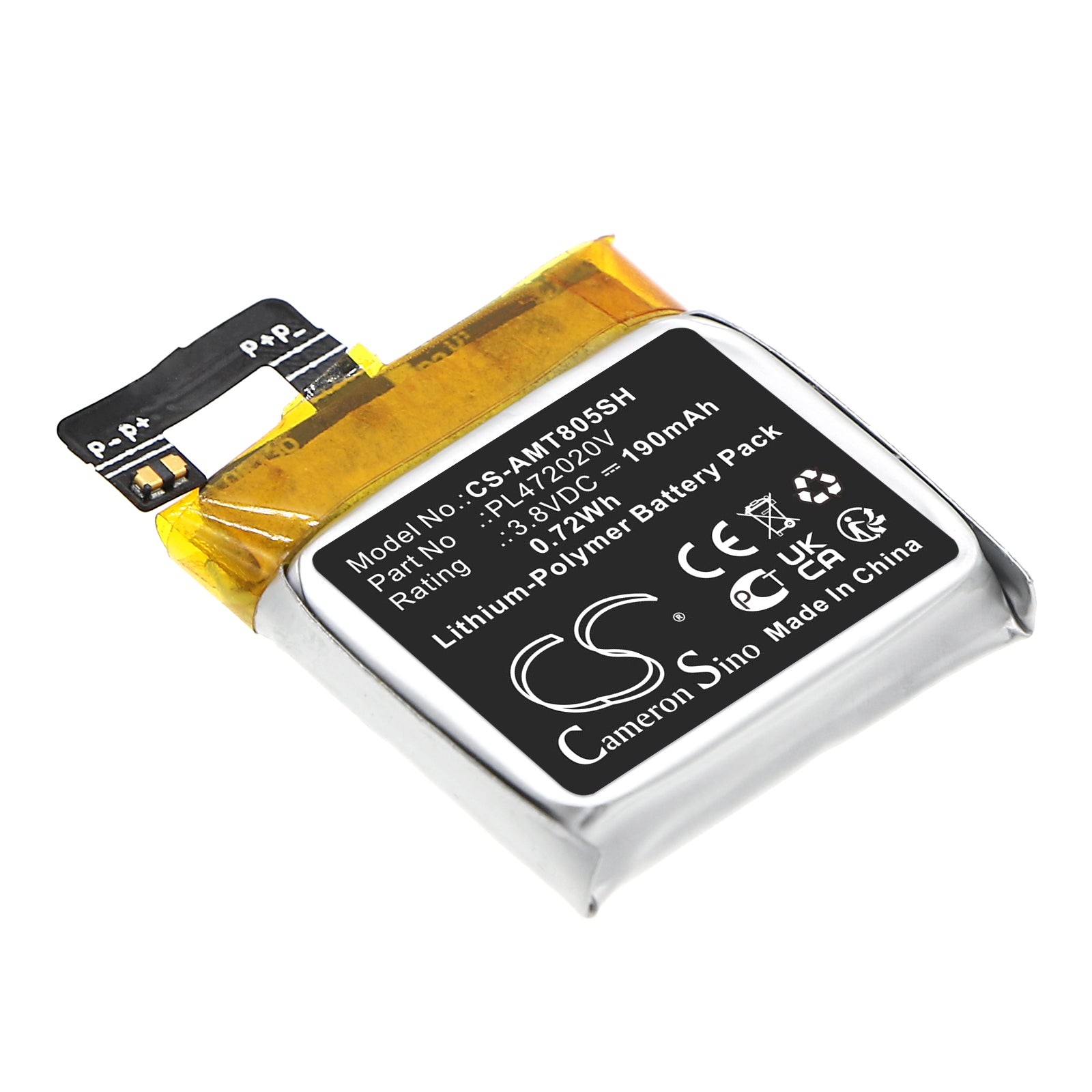 190mAh Replacement Battery for Amazfit A1805 Smartwatch - 3.8V, 0.72Wh Li-Polymer - Model PL472020V
