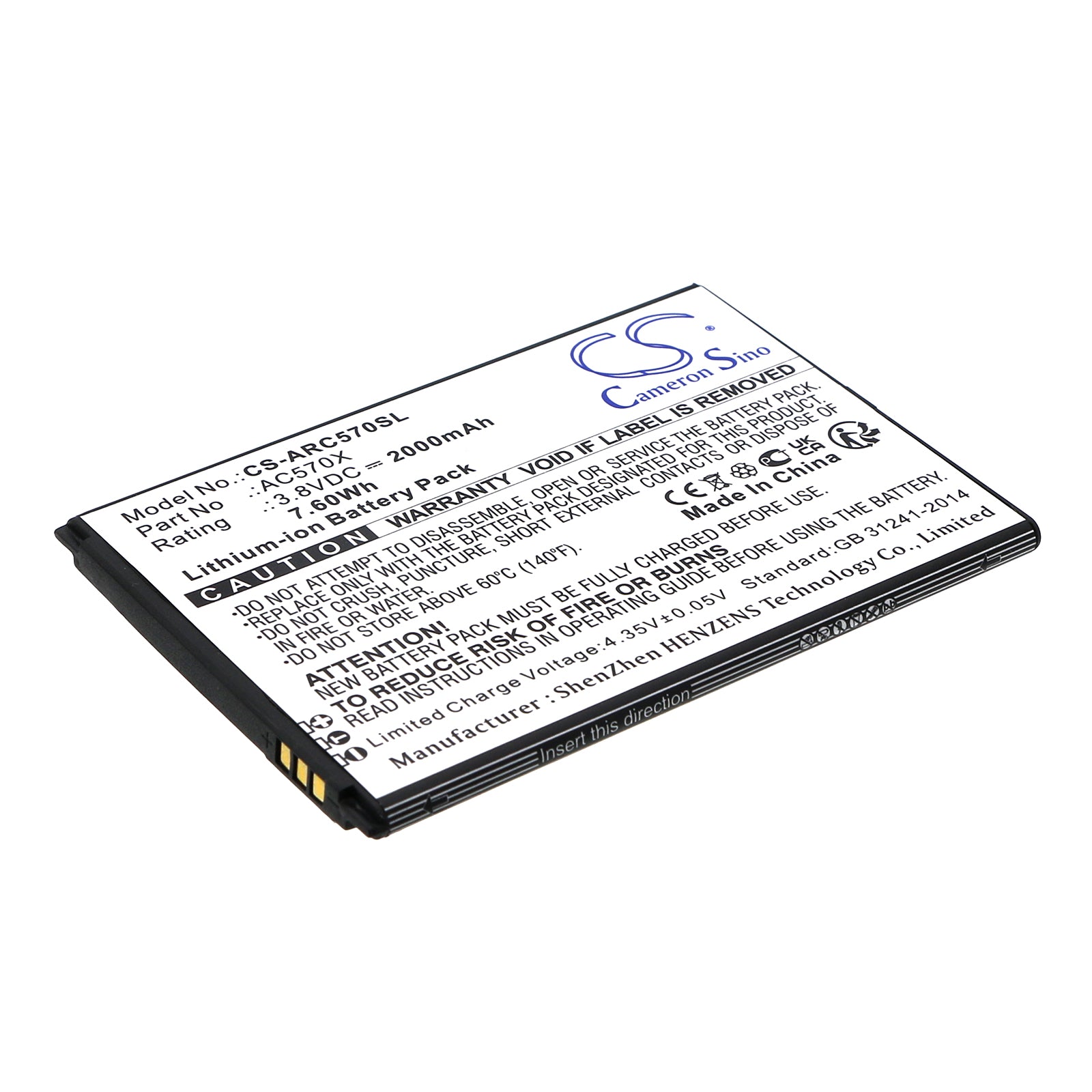 2000mAh Replacement Battery for Archos OXYGEN 57 - 3.8V, 7.6Wh Li-ion, 84.2x60x4.2mm Smartphone Battery

