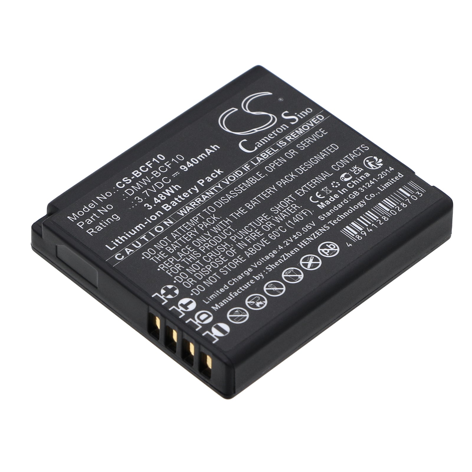940mAh Replacement Battery for Panasonic Lumix DMC Cameras: DMW-BCF10, CGA-S009 - 3.7V Li-ion Rechargeable
