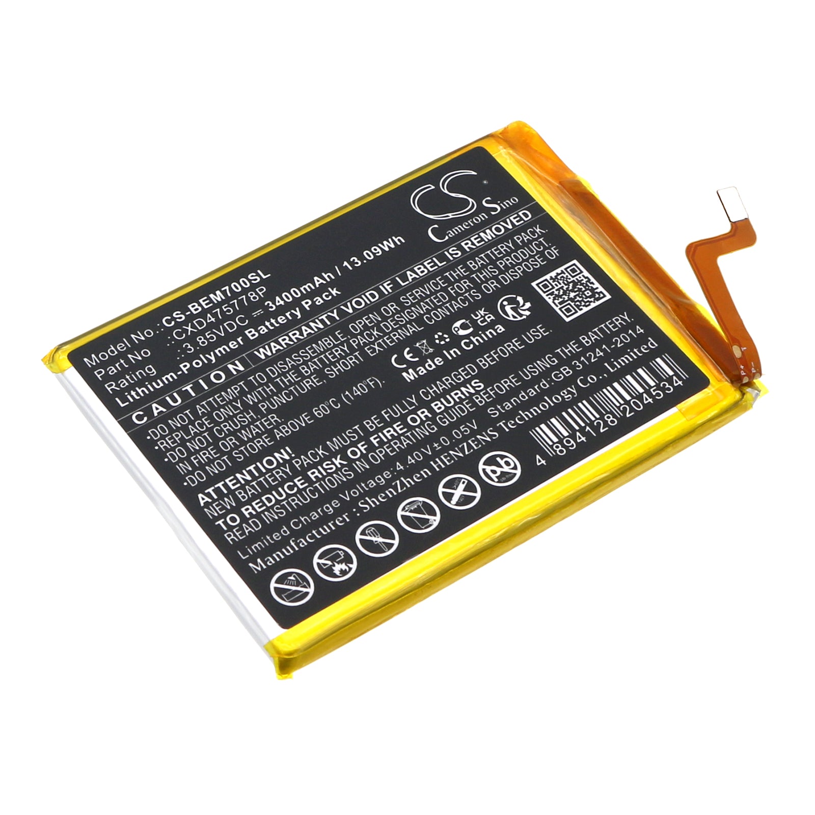 3400mAh Replacement Battery for Bea-fon M7 Premium/Lite - 3.85V Li-Polymer, CXD475778P Mobile Phone Battery 

