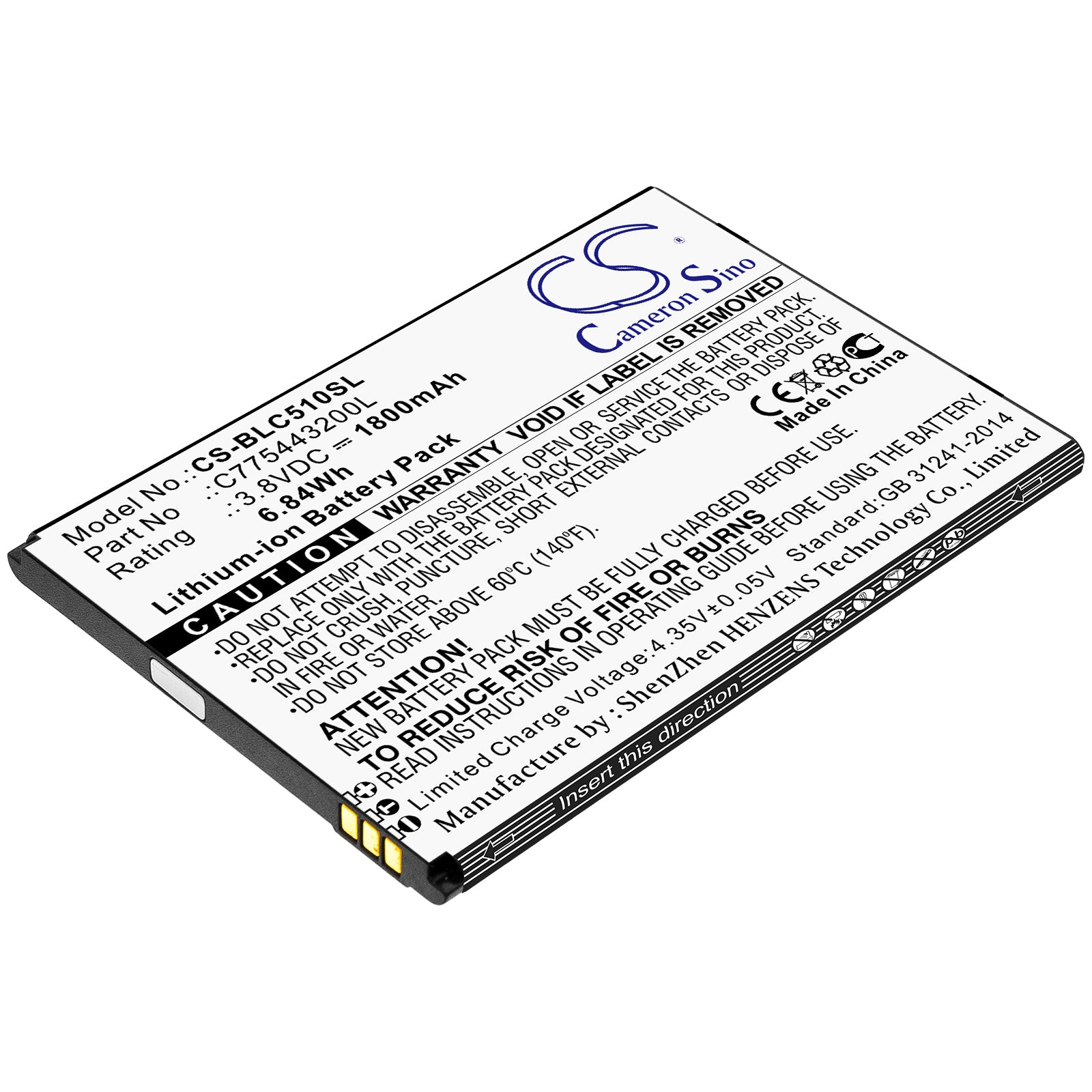 1800mAh Replacement Battery for BLU C5L C050 C5 2019 C110U C110L Smartphone - 3.8V 6.84Wh Li-ion