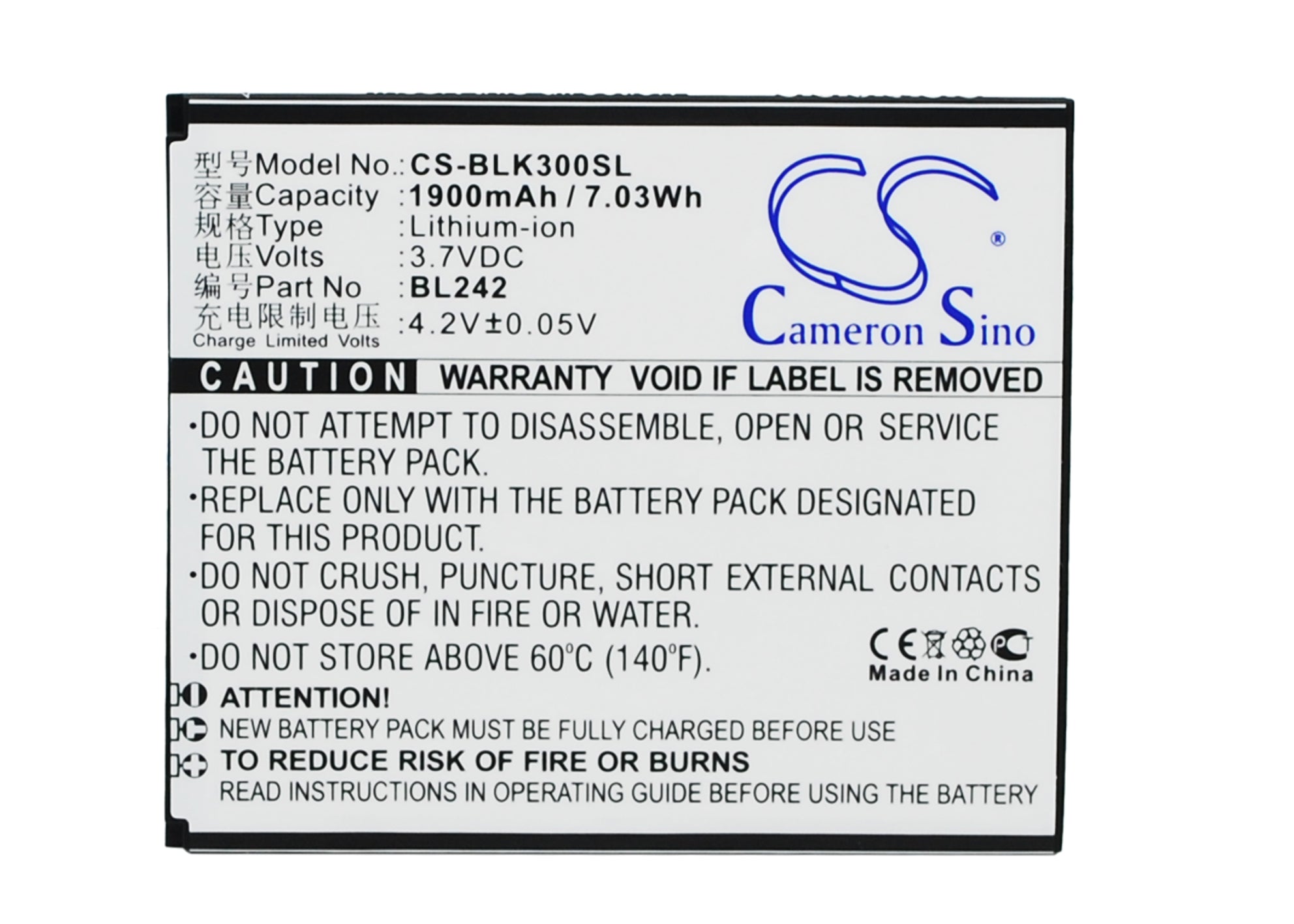 1900mAh Replacement Battery for Lenovo K3/K30-T/A6000/A6000 DUAL SIM - BL242, 3.7V Li-ion Battery
