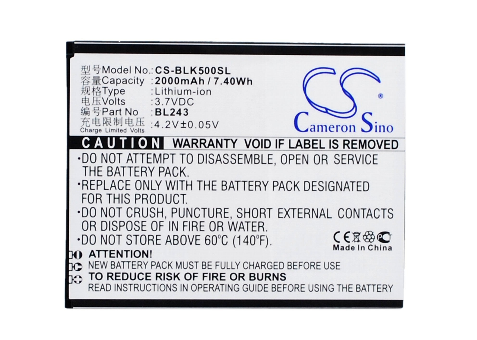 2000mAh Replacement Battery for Lenovo K3 Note & K50-T5 Smartphones - BL243, 3.7V Li-ion
