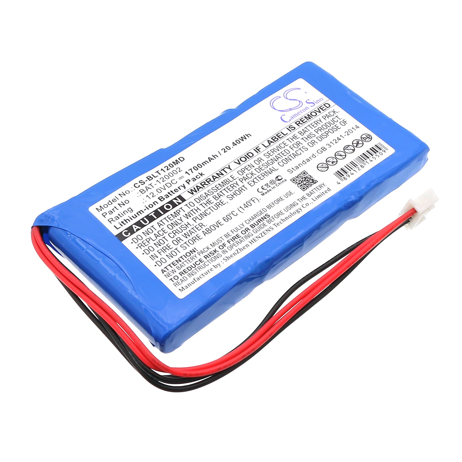 1700mAh Replacement Battery for Biolight BLT-1203A Vital Signs Monitor, 12V Li-ion, 102x53x11mm
