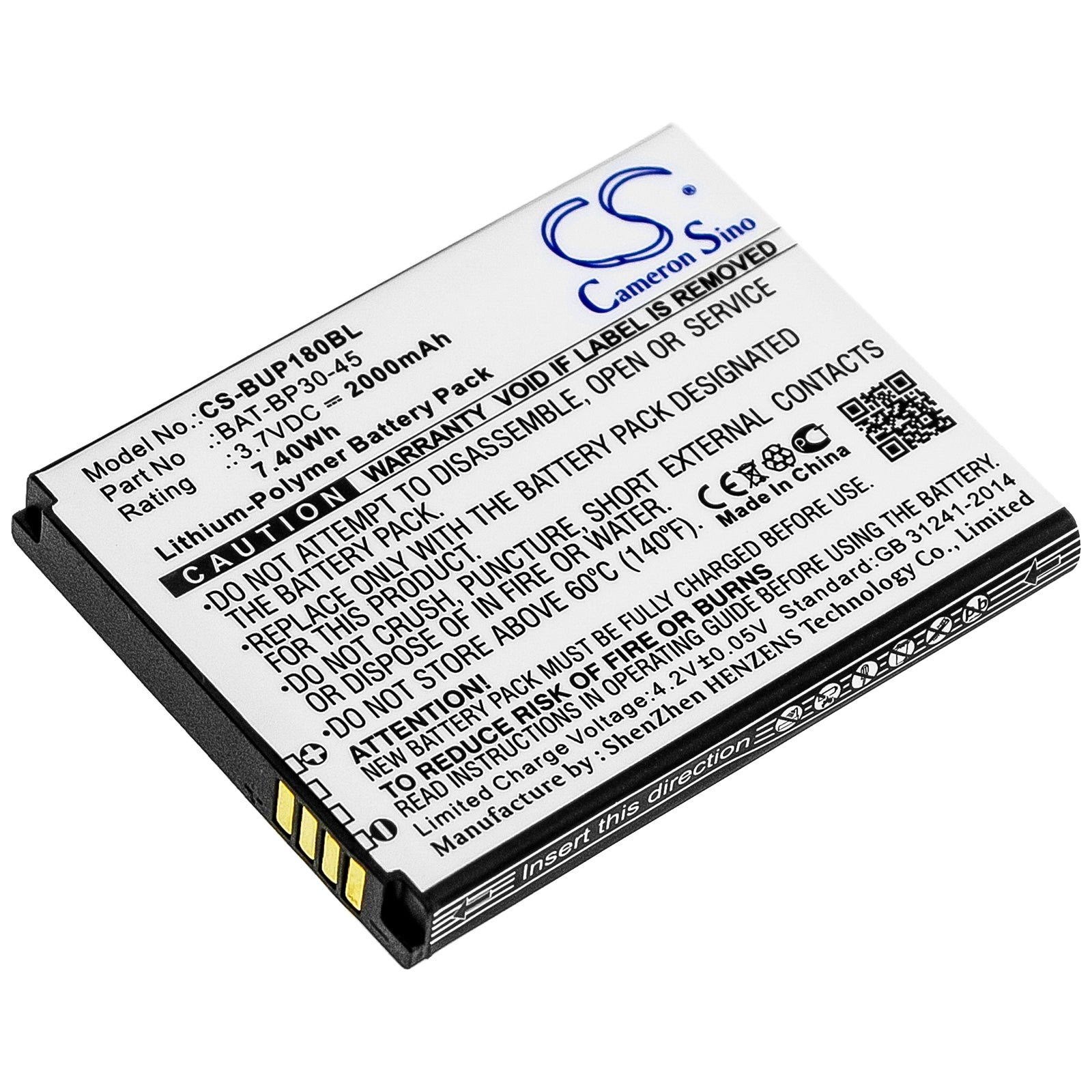 Bluebird BP30 & BM180 Barcode Scanner Replacement Battery - 2000mAh, 3.7V Li-Polymer, BAT-BP30-45
