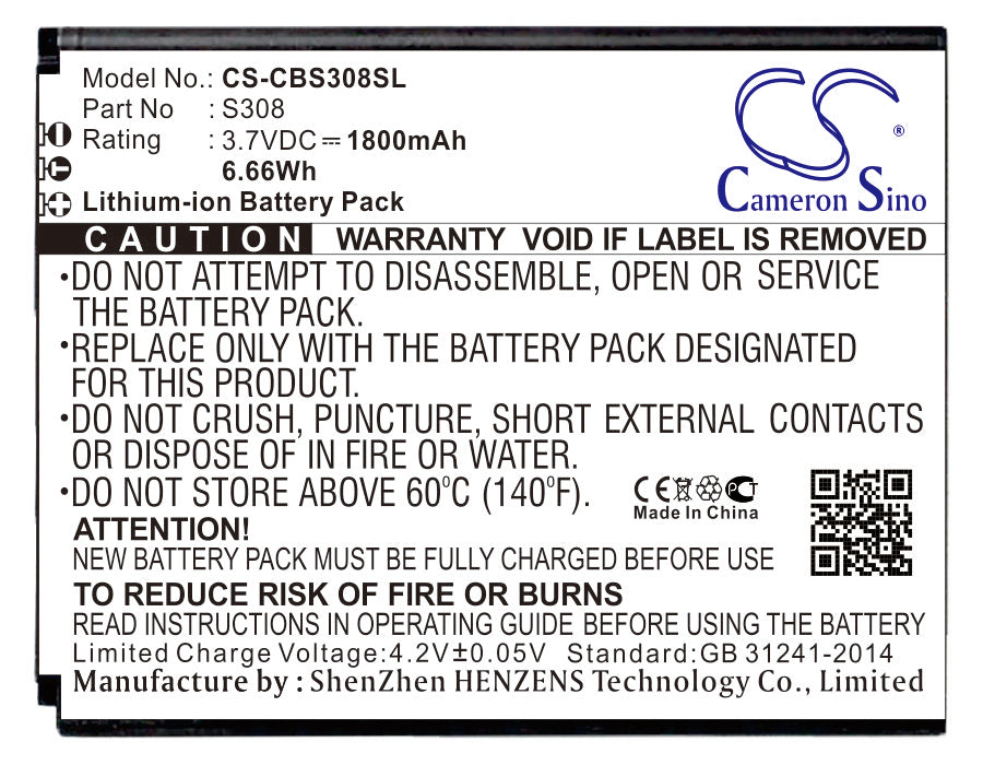 1800mAh Replacement Battery for Cubot S308 Smartphone - 3.7V 6.66Wh Li-ion Battery
