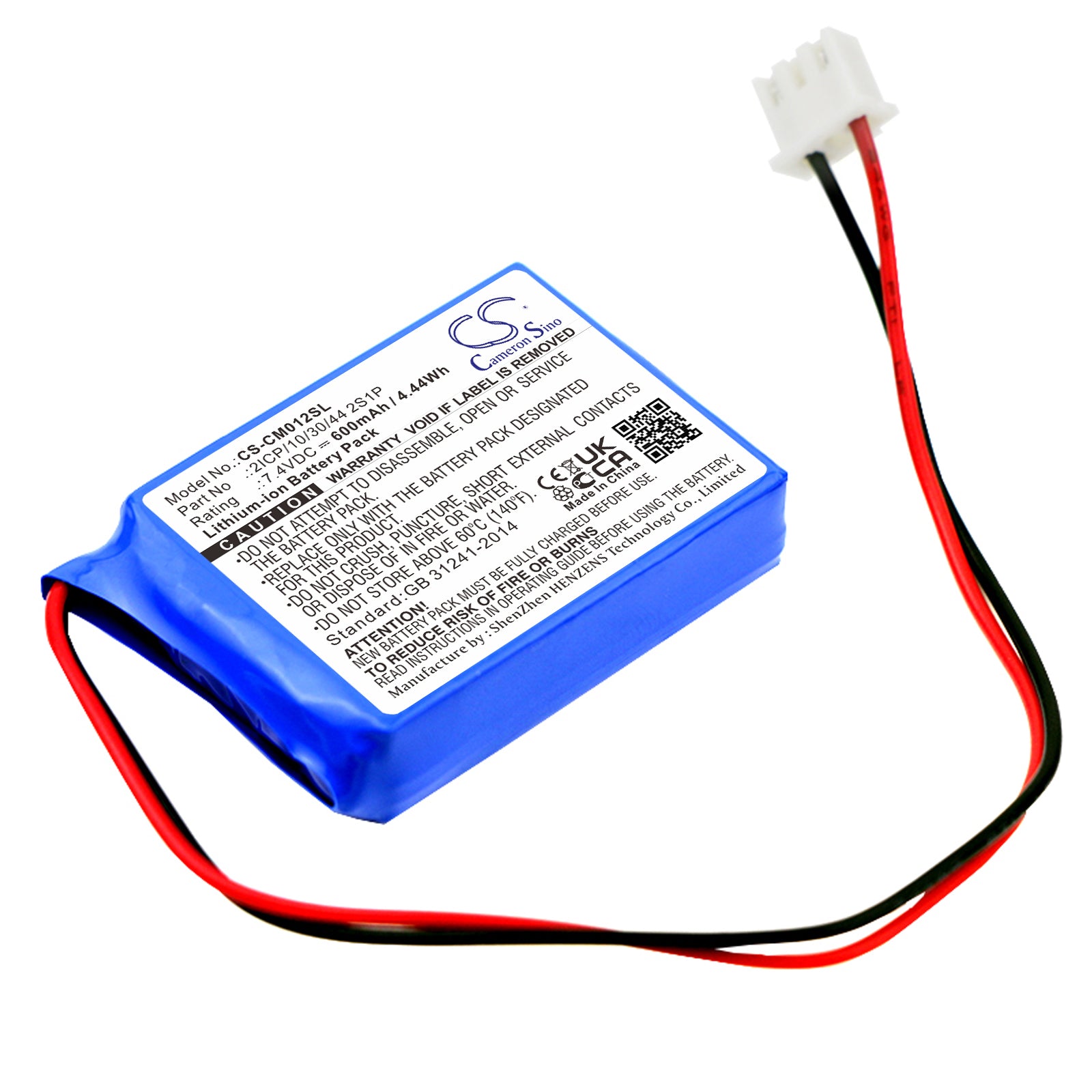 7.4V 4.44Wh Li-ion Battery Pack - Wearable Application - 43.6x30.8x10.72mm, 2ICP/10/30/44 2S1P
