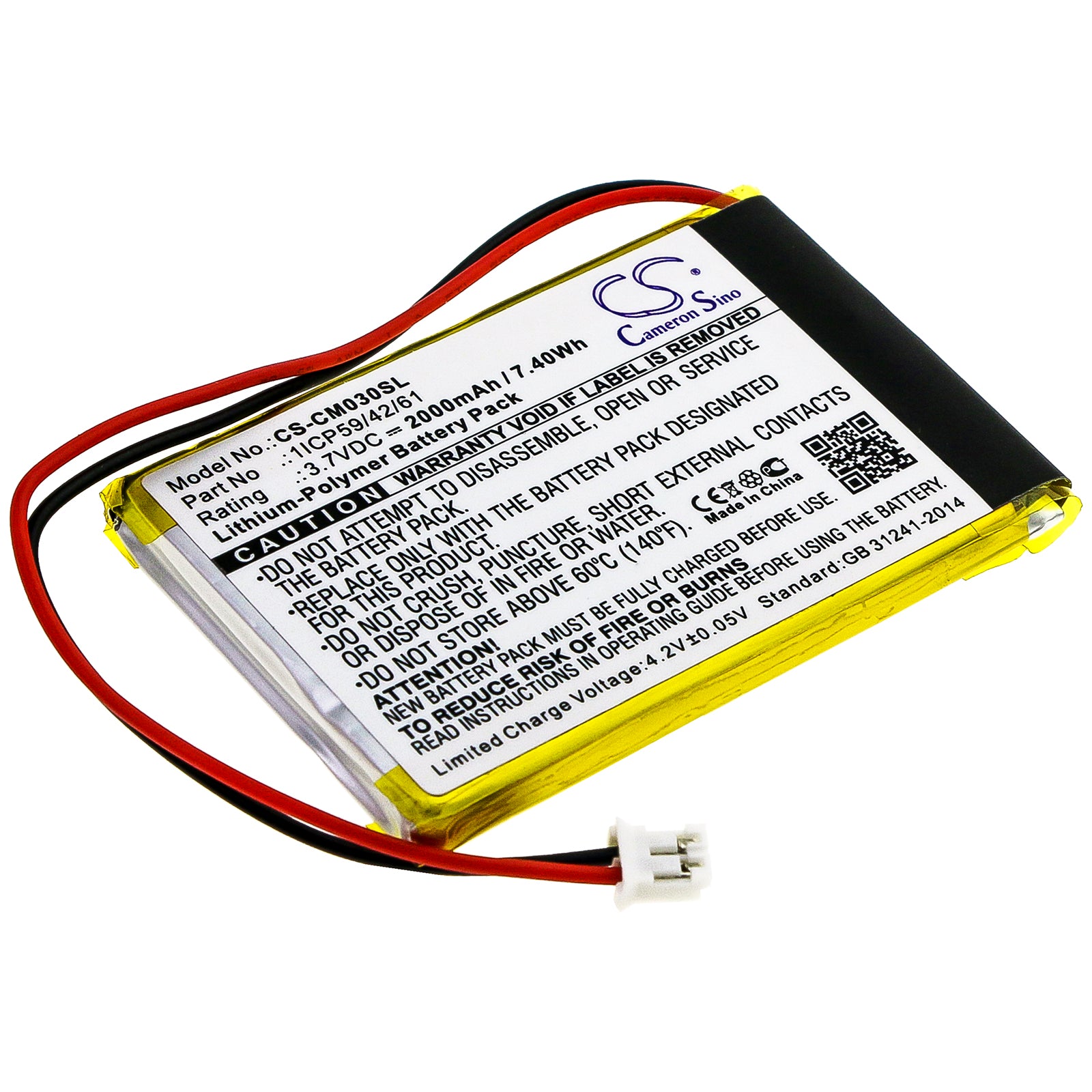 Custom 7.4Wh Li-Polymer Battery Pack - Replacement for 1ICP59/42/61, 3.7V, 62x41x5.8mm - Device Power Solution
