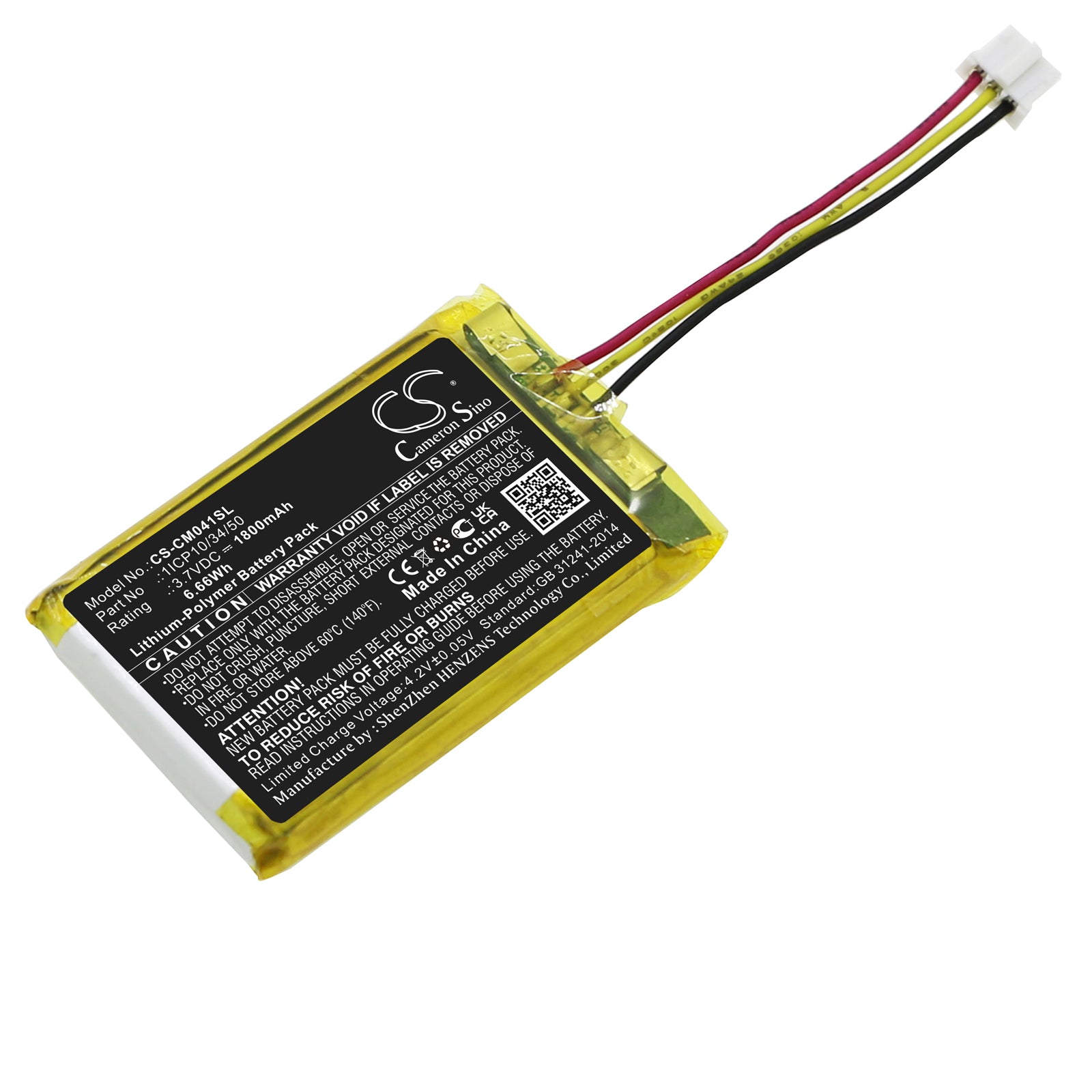 3.7V 6.66Wh Li-Polymer Battery Pack: 53x34x9.8mm, ICP10/34/50 for Custom Electronic Projects
