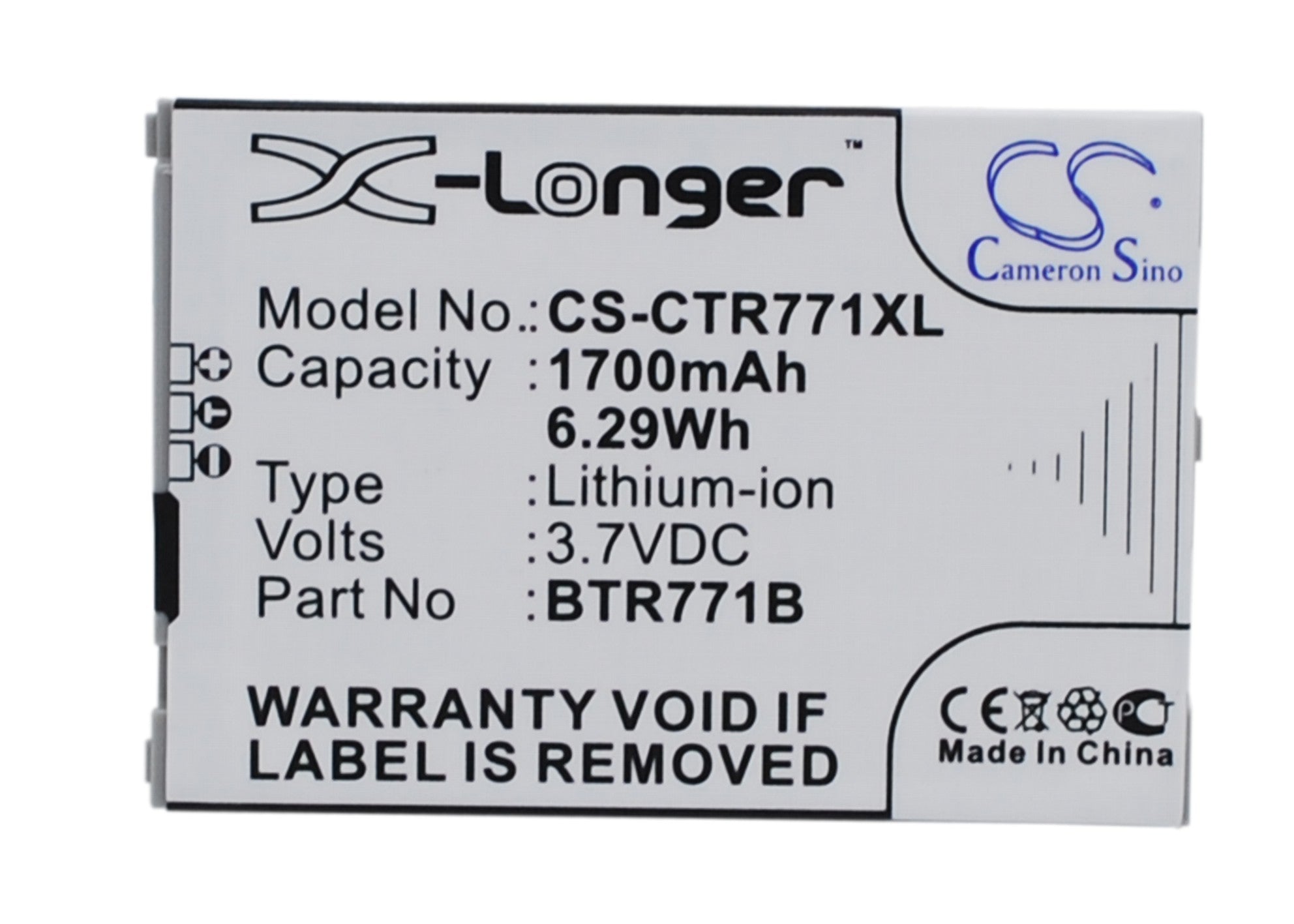 1700mAh Replacement Battery for Casio G'zOne Commando C771 Verizon Smartphone - 3.7V Li-ion BTR771B
