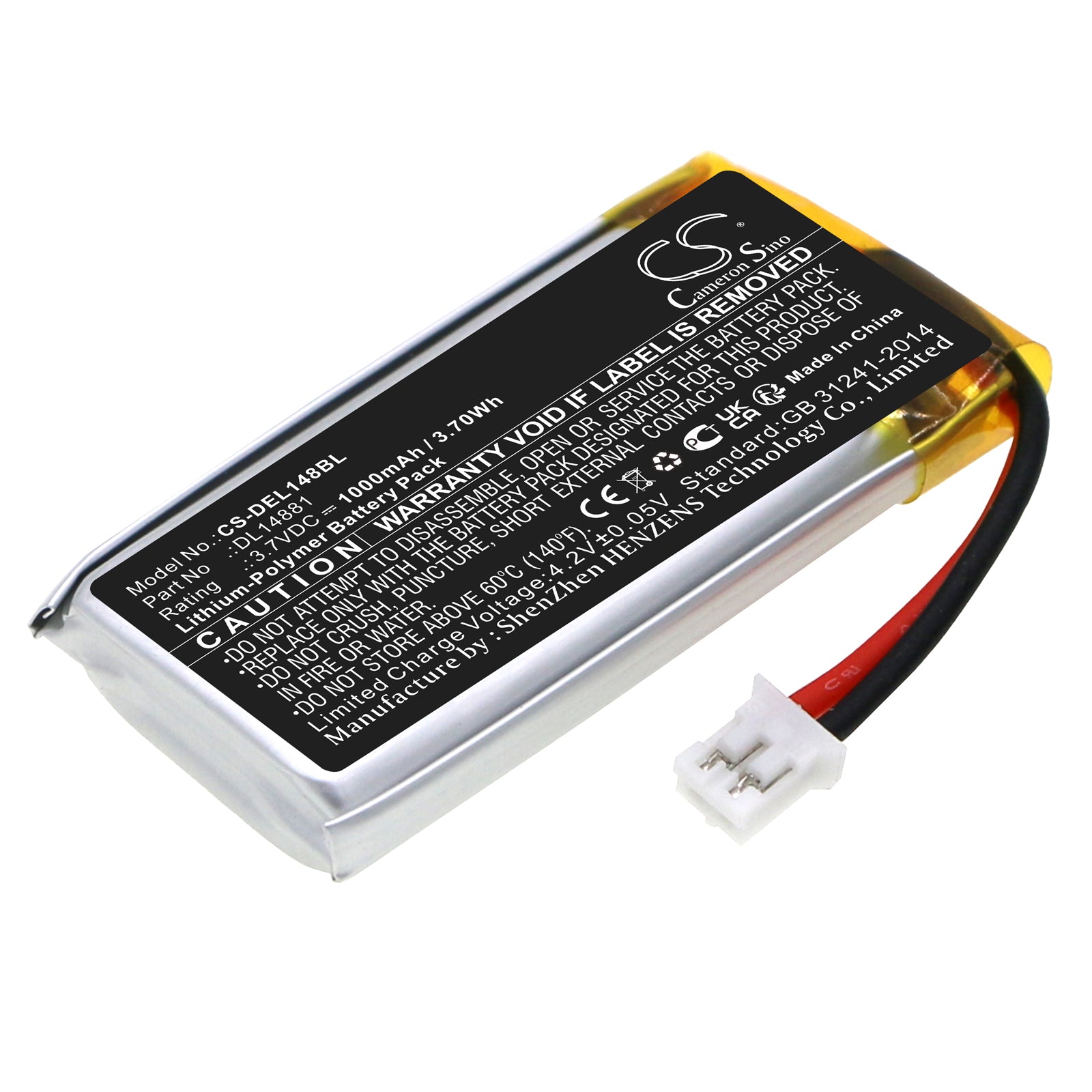 1000mAh 3.7V Replacement Battery for Deli 14951w Barcode Scanner, Li-Polymer, 47.5x24x8.2mm Size
