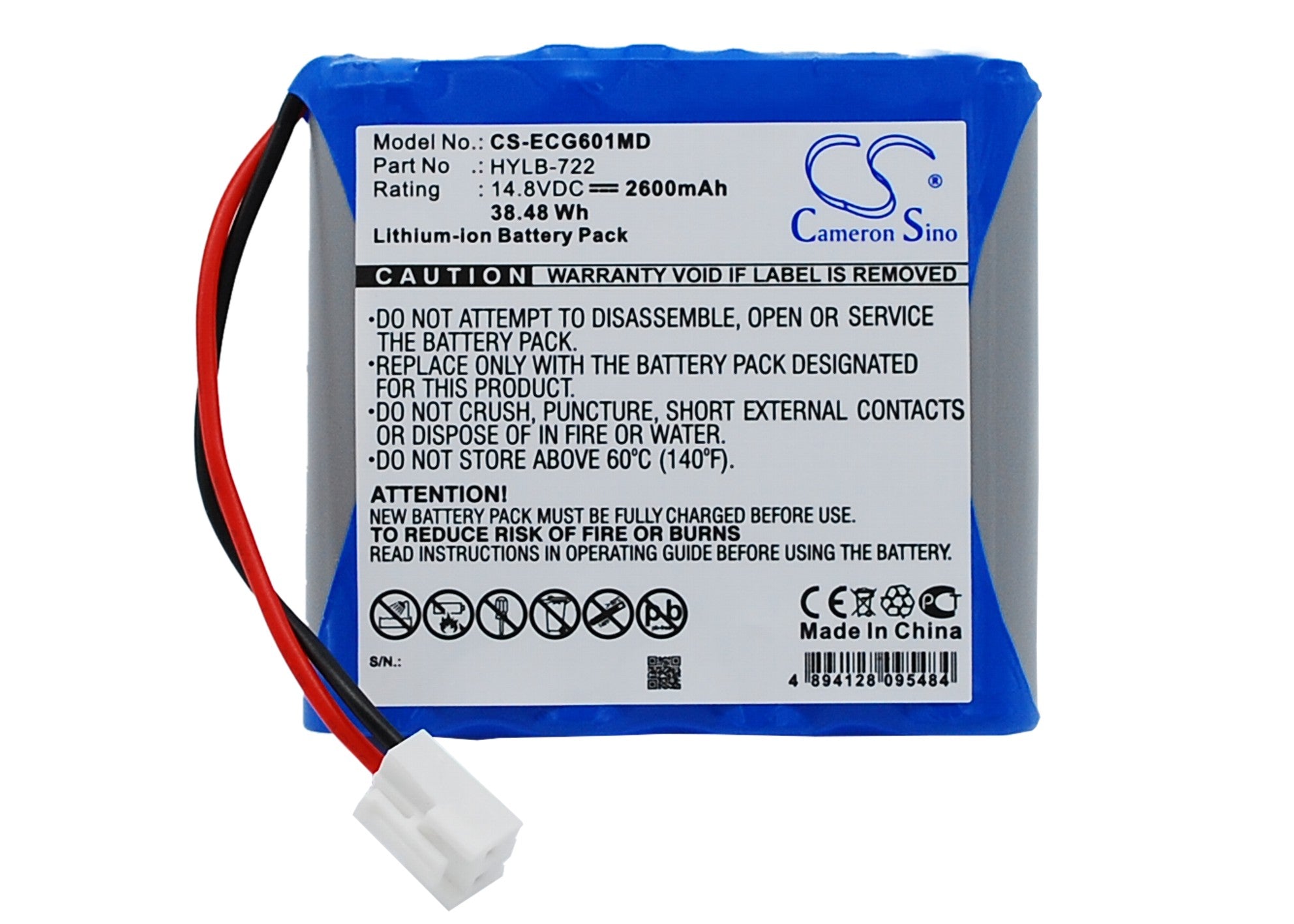 14.8V 2600mAh Li-ion Replacement Battery for Biocare ECG-6010, ECG-6020, iE6 ECG Monitor
