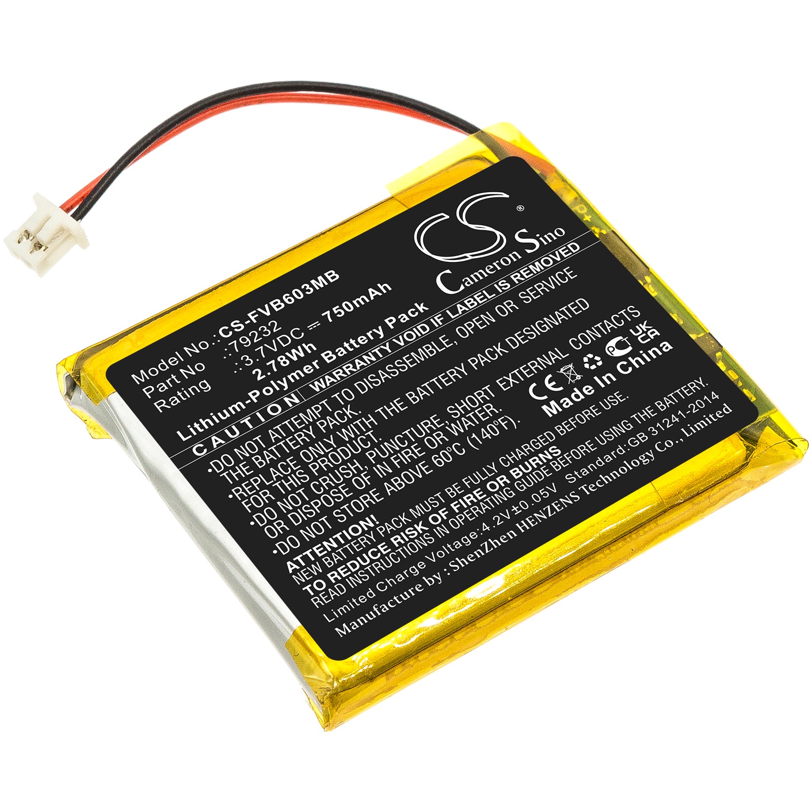 750mAh 3.7V Li-Polymer Replacement Battery for Floureon VB603, VB601, VB605 Baby Monitors
