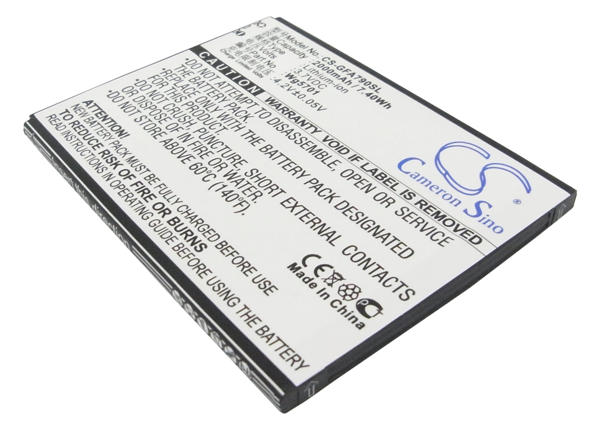 2000mAh Replacement Battery for GFive G9, A79+, G7 Smartphones - 3.7V Li-ion, 84.90x65.09x4.35mm
