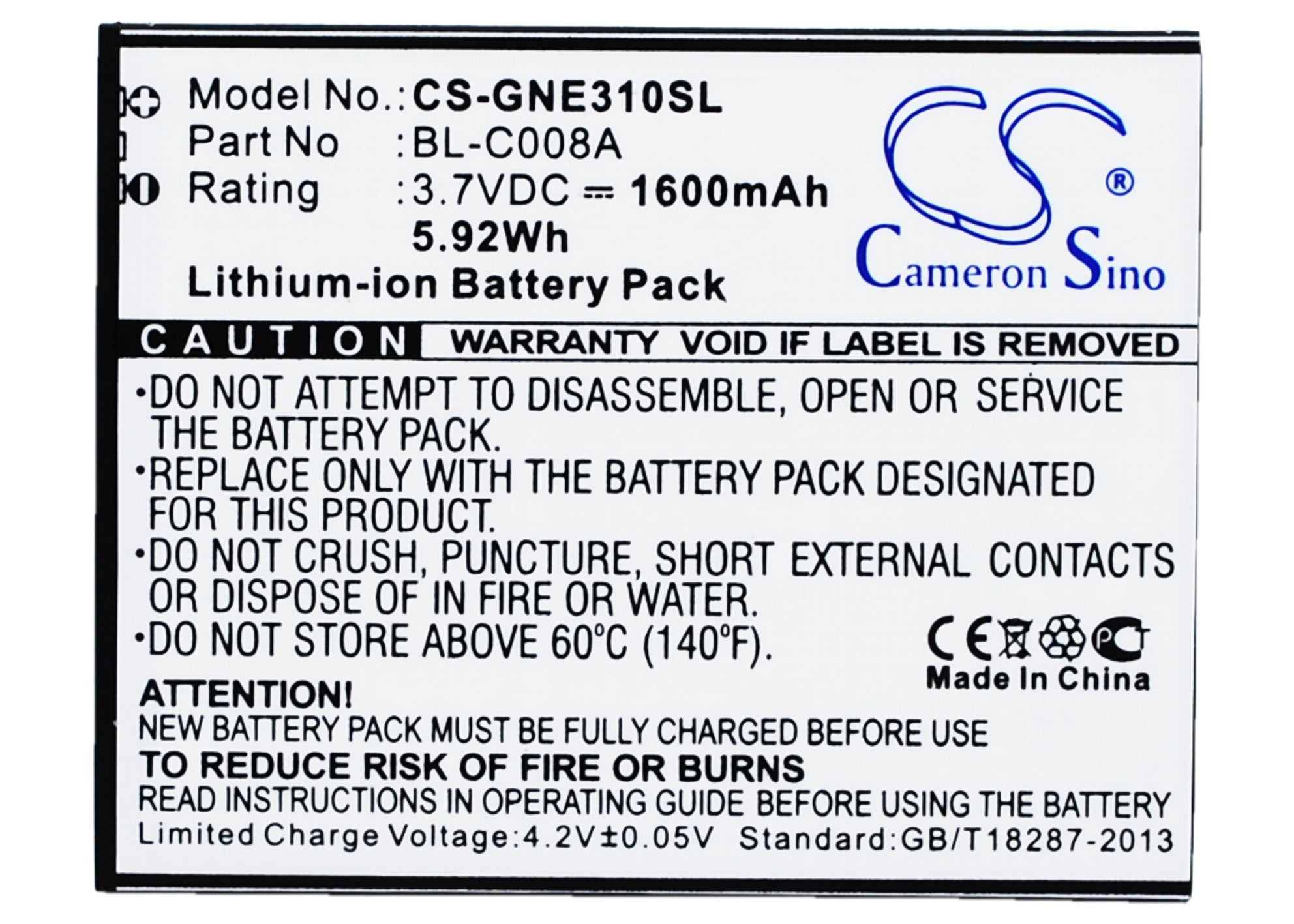 1600mAh Replacement Battery for Fly IQ4410 & GIONEE E3 Smartphone - 3.7V Li-ion Power (BL-C008A)
