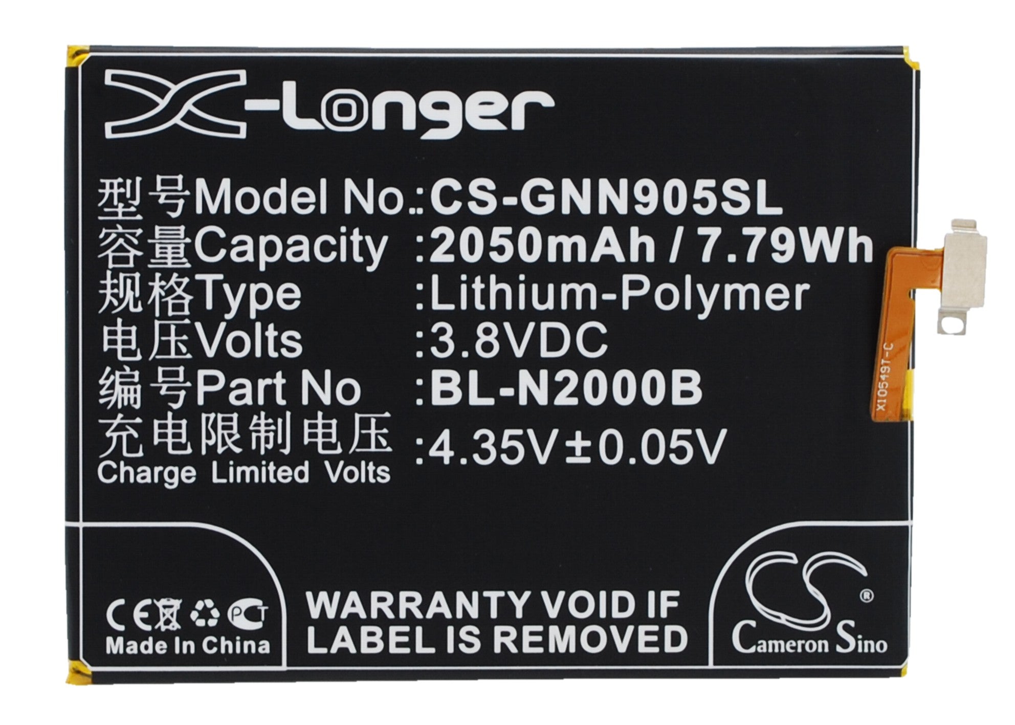2050mAh 3.8V Li-Polymer Replacement Battery for BLU VIVO AIR, GIONEE Elife S5.1, Fly Tornado Smartphone
