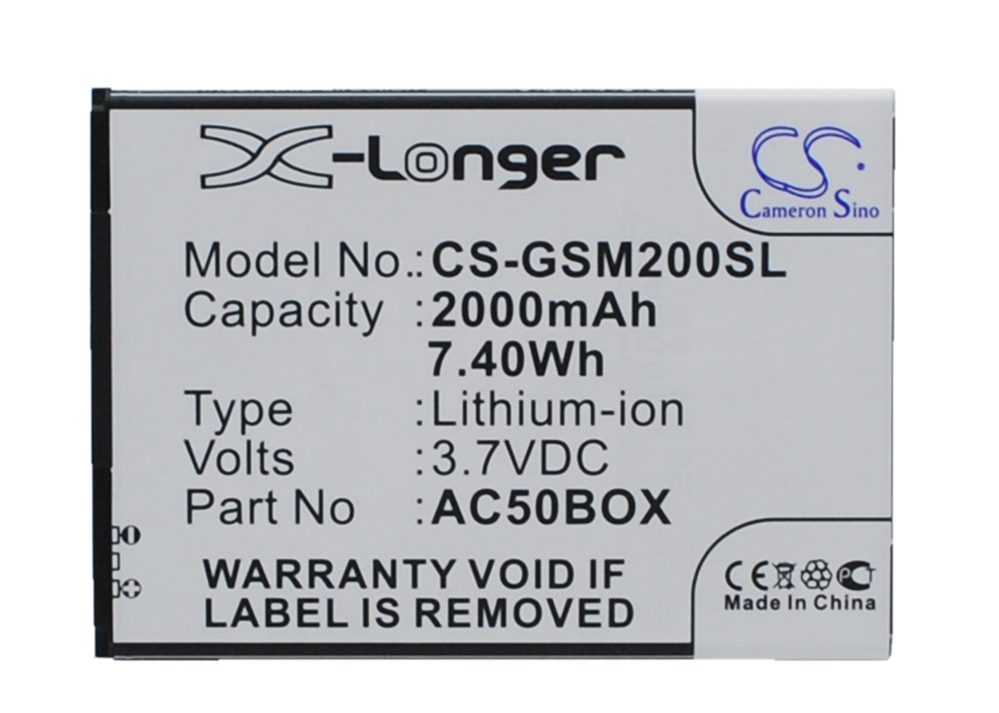 2000mAh Replacement Battery for Archos 50b Oxygen, 50 Neon 4G & GSmart Mika M2 - 3.7V Li-ion
