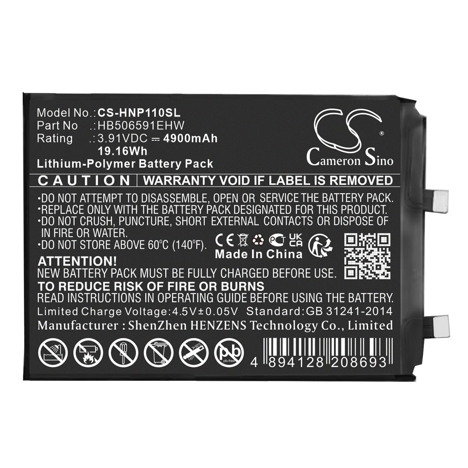 Honor 100 Pro Replacement Battery: 4900mAh Li-Polymer, 3.91V - Model HB506591EHW, MAA-AN10 Mobile Phone Battery.

