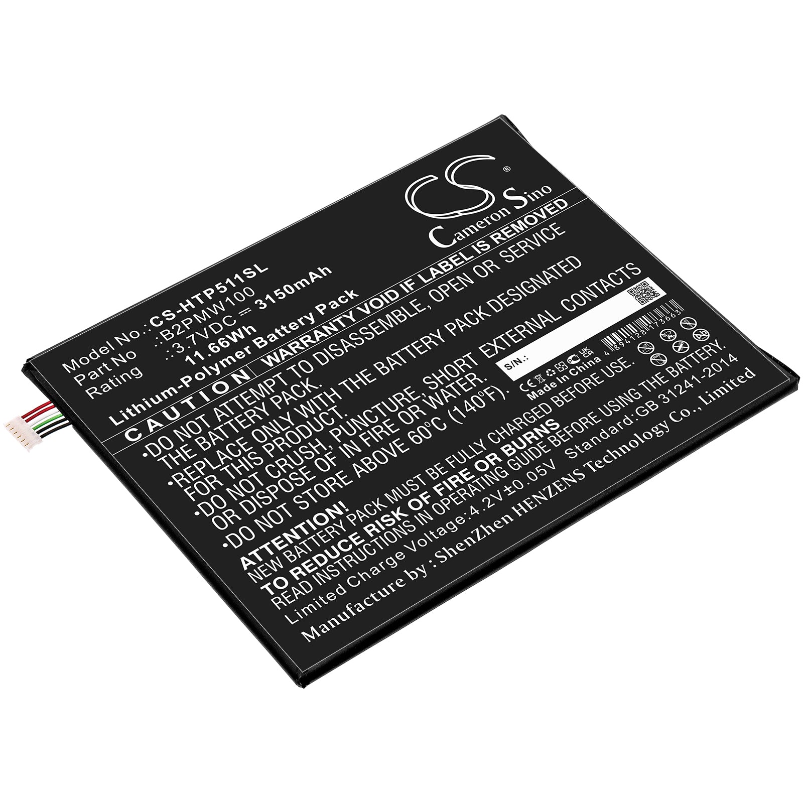 3150mAh Battery Replacement for HTC P510 Tablet, B2PMW100, 3.7V 11.66Wh Li-Polymer
