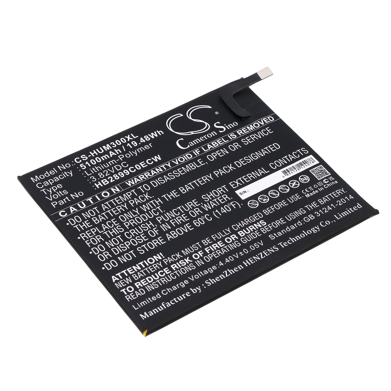 5100mAh Replacement Battery for Huawei MediaPad M3 TD-LTE BTV-DL09/W09 Tablet (3.82V, 19.48Wh)
