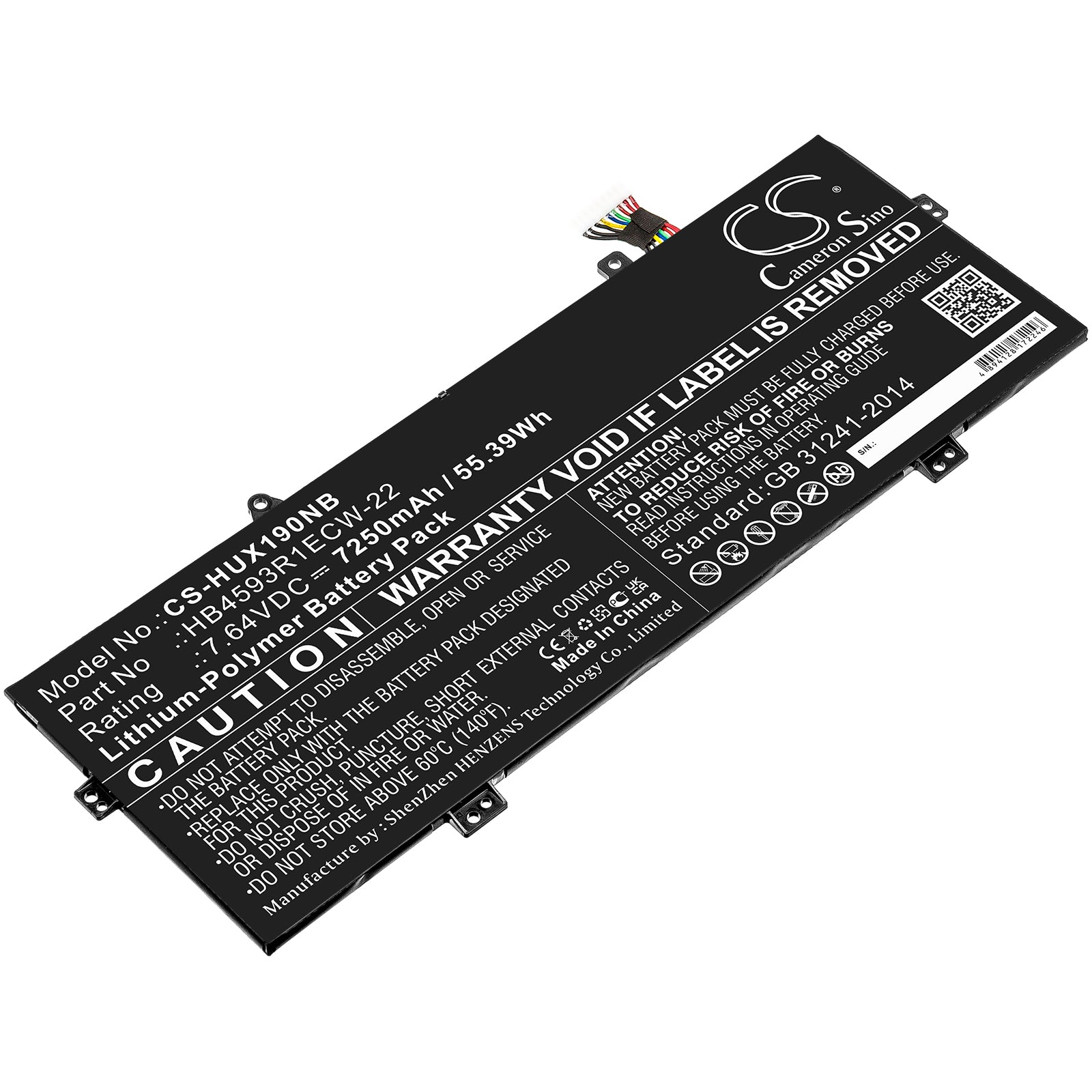 7250mAh Replacement Battery for Huawei MateBook X Pro 2020, HB4593R1ECW-22, 7.64V 55.39Wh Li-Polymer - MACH-W19L, VLT-W60 Laptop