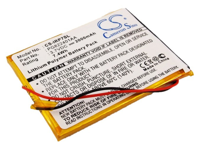 2000mAh Battery for iRiver P7 Media Player - 3.7V Li-Polymer Replacement - 1P0716SIL, 1P0708SIL, REI-P7(B)
