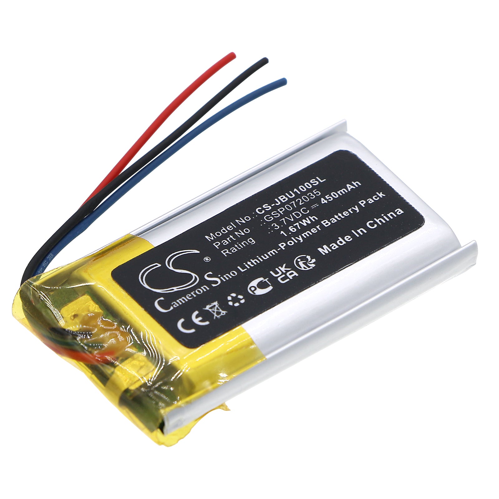 450mAh Replacement Battery for JBL UA SPORT Wireless Headset - UAONEARBTBK, GSP072035 - 3.7V Li-Polymer Battery
