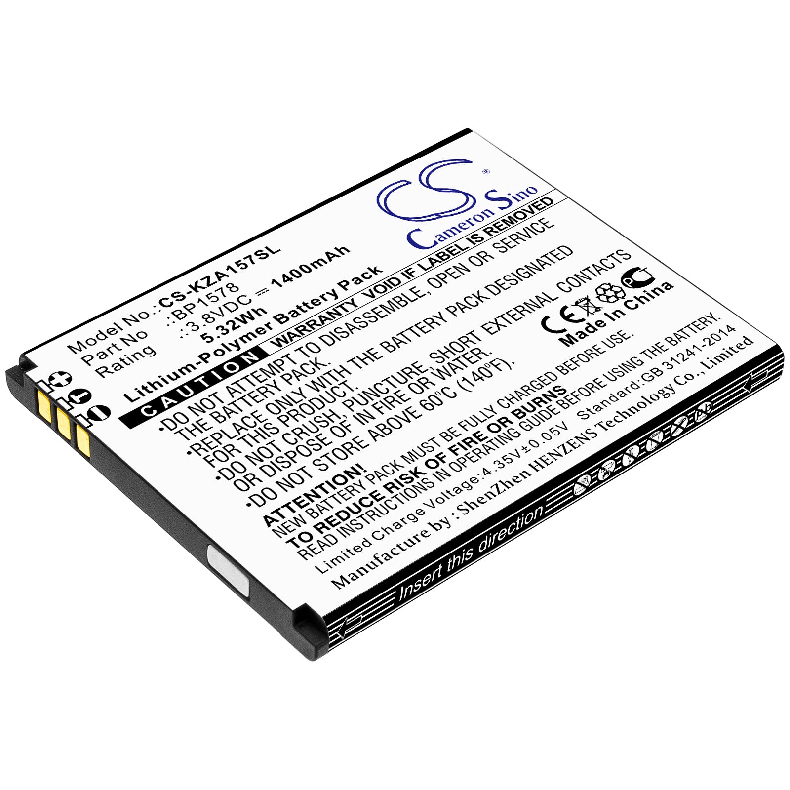 1400mAh Replacement Battery for Kazuna eTalk 4G KAZ-F019 Smartphones - 3.8V Li-Polymer
