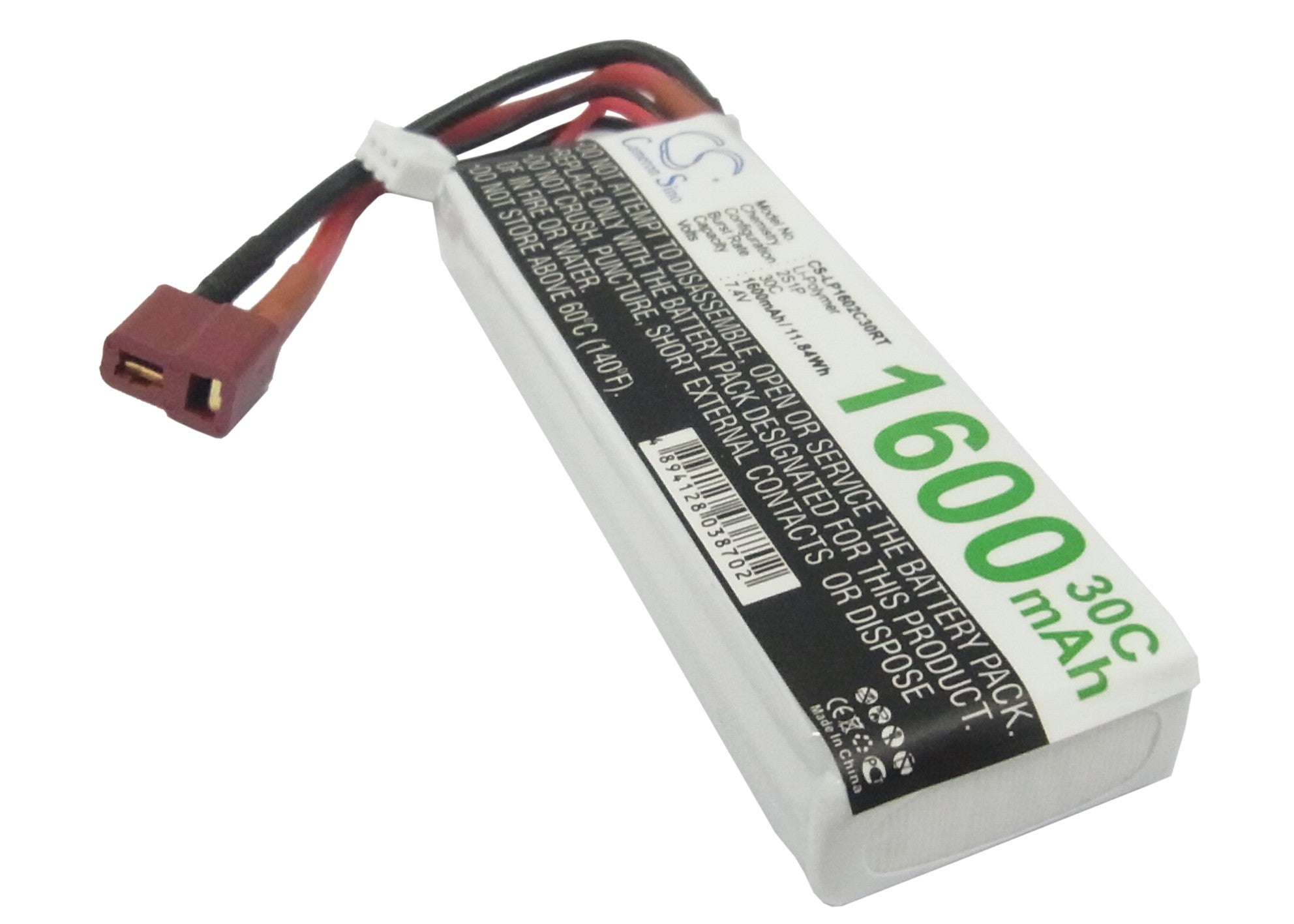 1600mAh 2S 7.4V 30C LiPo Battery Pack - RC Helicopter & Airplane - Compact 89x30x16mm High Power
