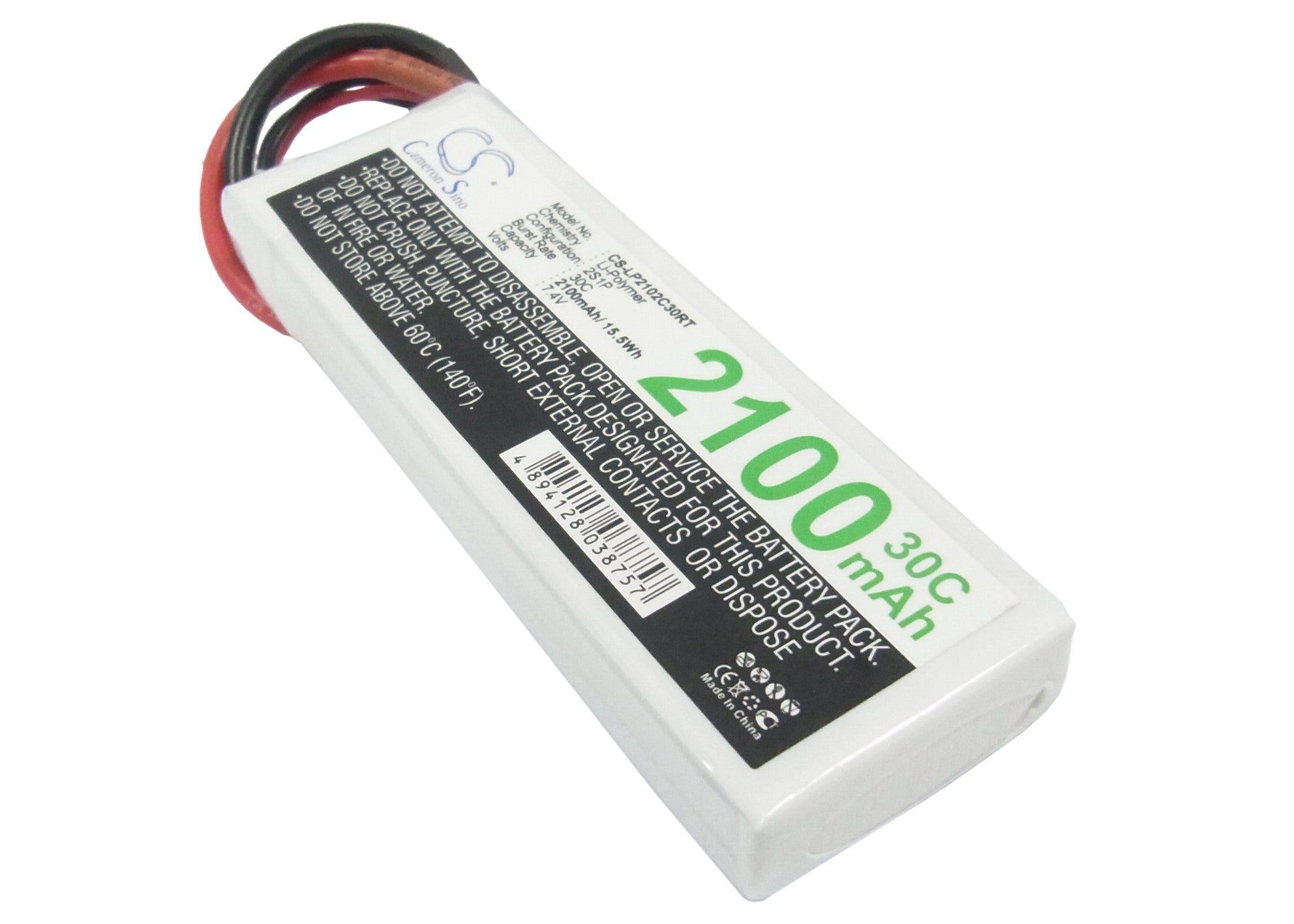 7.4V 2100mAh LiPo Battery for RC Robot - CS-LP2102C30RTR, 15.54Wh, 104x35x17mm
