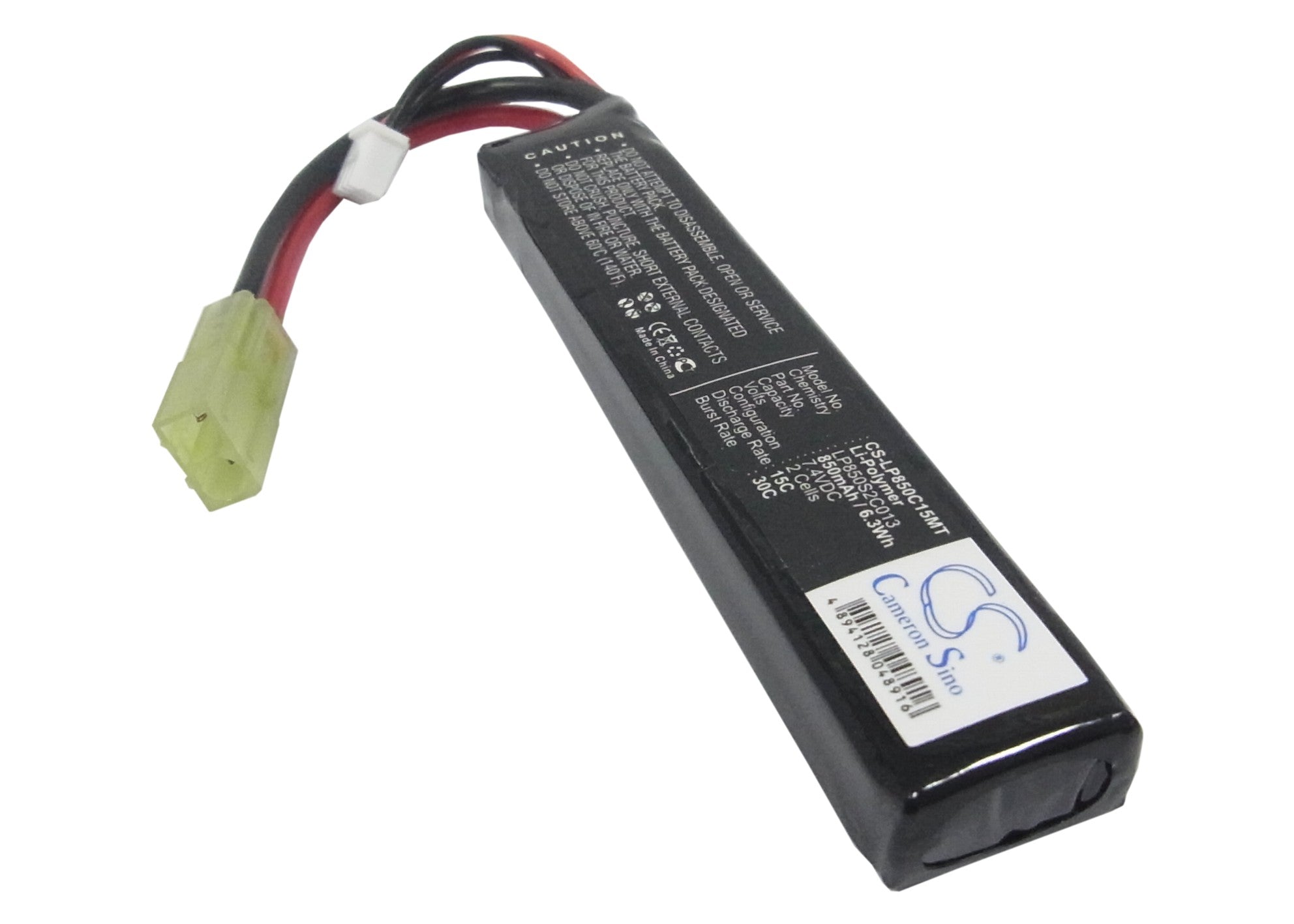 7.4V 850mAh Li-Polymer Battery Pack for Airsoft Guns - CS-LP850C15M, 102x19x11mm, 6.29Wh, High Performance AEG Power

