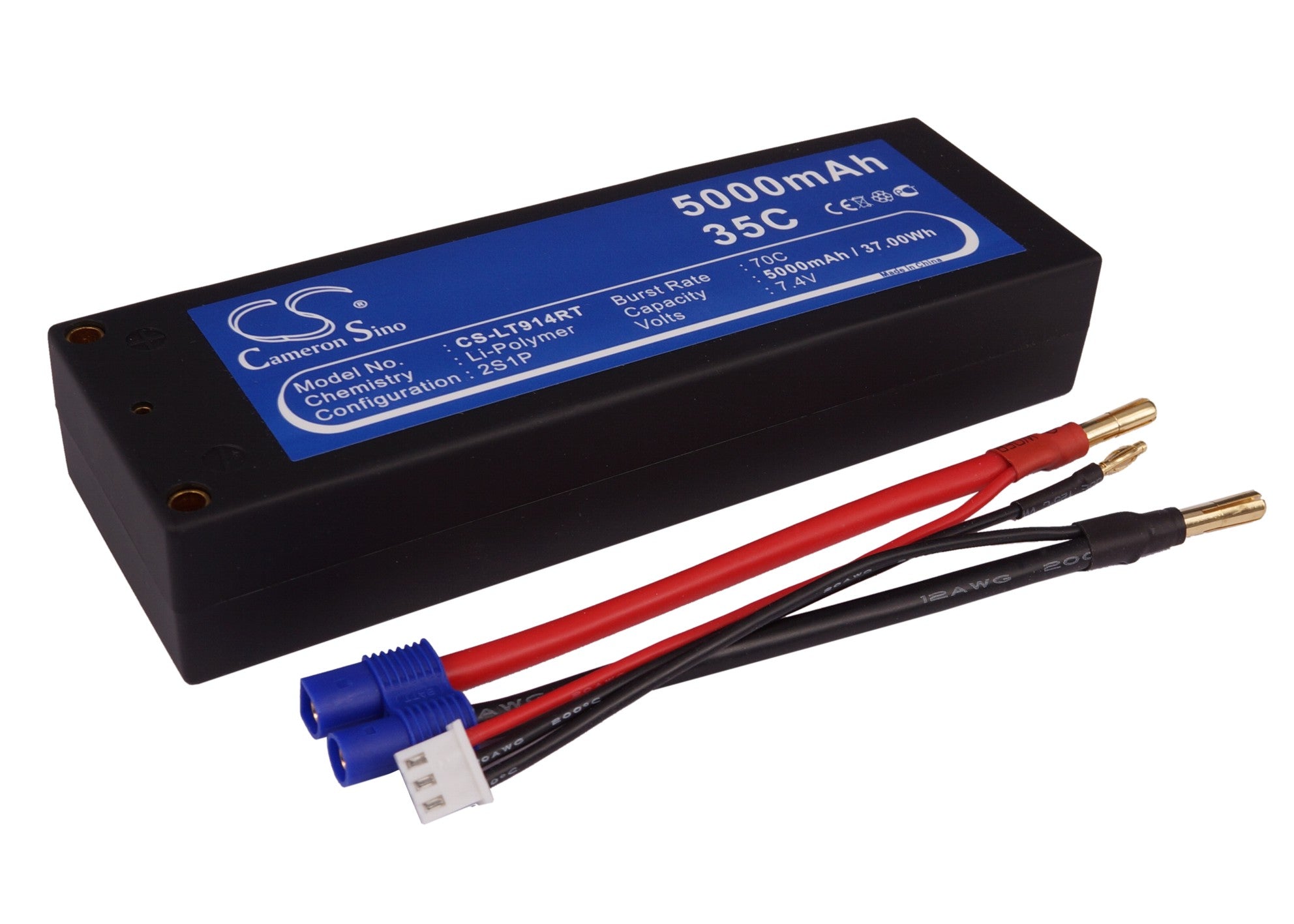 7.4V 5000mAh Li-Polymer Battery for RC Cars (CS-LT914RT) - High Capacity, 37Wh, 138.5x46x25mm
